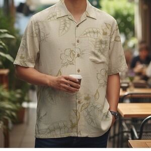 Paradise Blue Shirt Mens XL Beige Silk Cotton Tropical Floral Button Down Aloha